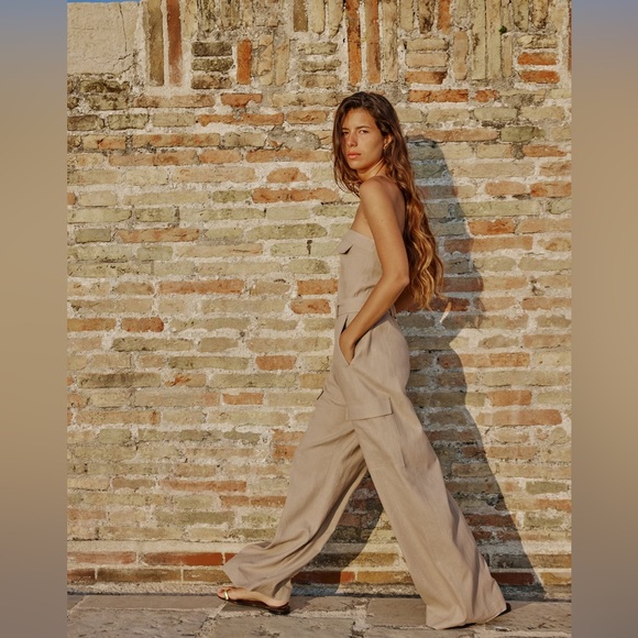 Zara cargo jumpsuit wide leg sleeveless tan belted - Picture 7 of 8